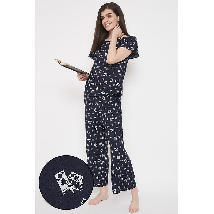 

Clovia Print Me Pretty Top & Pyjama Set in Navy - Rayon - LS0534A08