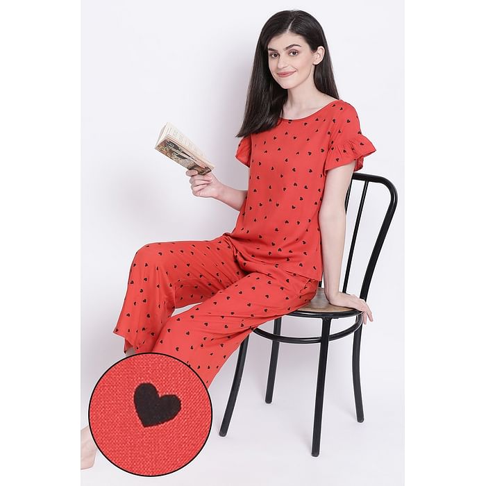 

Clovia Heart Print Top & Pyjama Set in Red - Rayon - LS0534P04