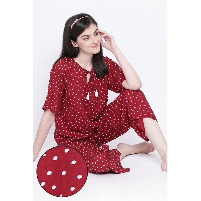 

Clovia Polka Print Top & Pyjama in Maroon - Rayon - LS0535A09