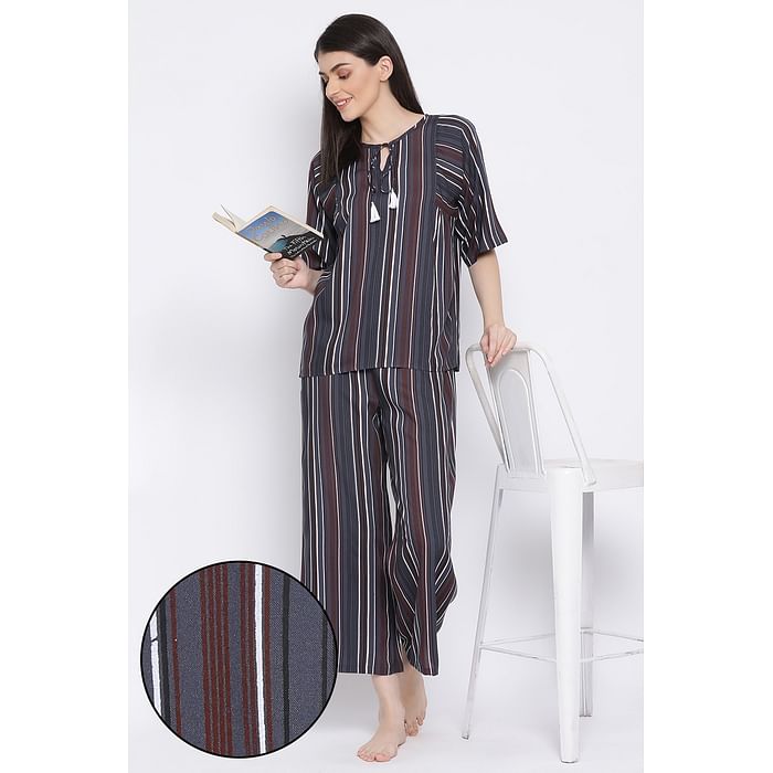 

Clovia Sassy Stripes Top & Pyjama in Grey - Rayon - LS0535P05, Dark grey