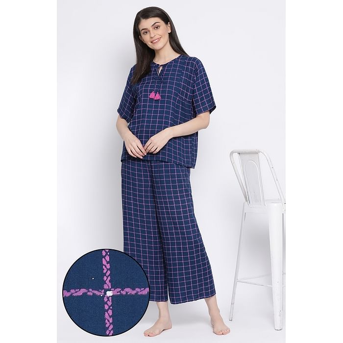 

Clovia Classic Checks Top & Pyjama in Navy - Rayon - LS0535P08