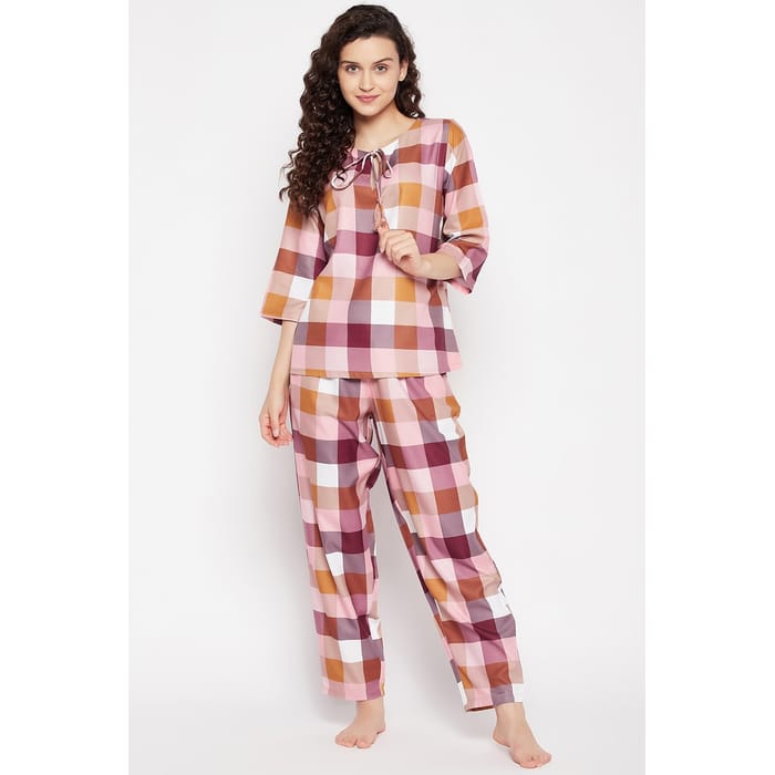 

Clovia Classic Checks Top & Pyjama Set in Multicolour - Rayon - LS0535P19