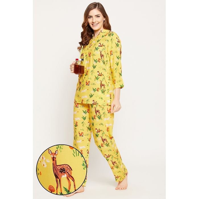 

Clovia Print Me Pretty Top & Pyjama in Yellow - Rayon - LS0536A02, Light yellow