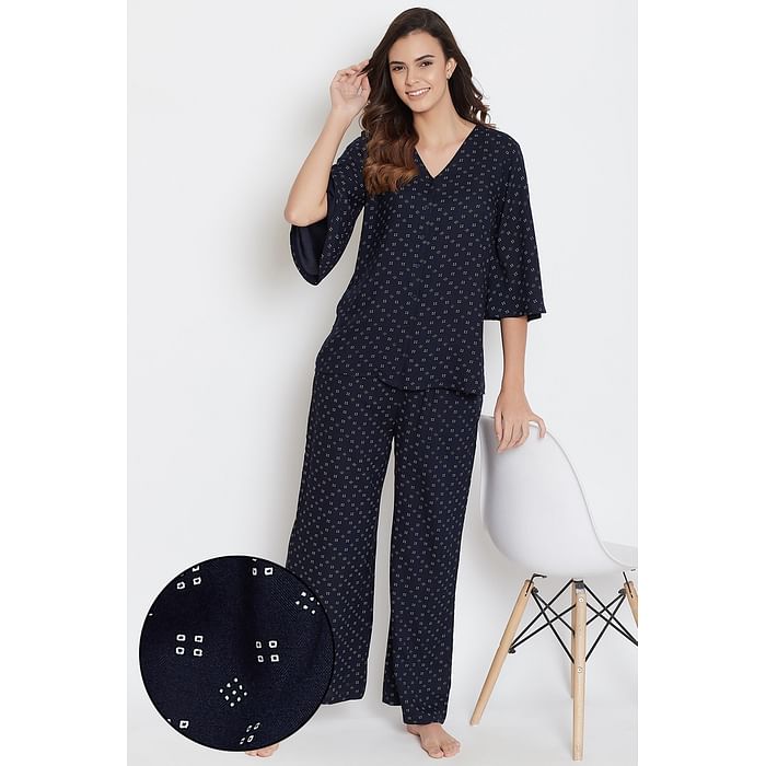 

Clovia Print Me Pretty Button Down Top & Flared Pjyama in Navy - Rayon - LS0538F08