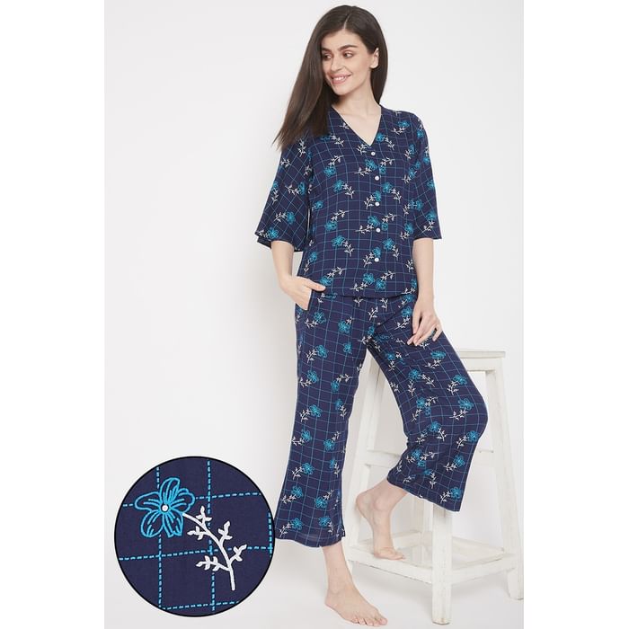 

Clovia Print Me Pretty Top & Pyjama in Navy - Rayon - LS0538P08