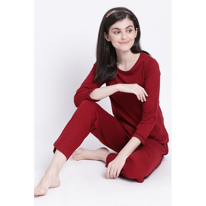 

Clovia Chic Basic Top & Pyjama Set in Maroon- Cotton Rich - LS0539P09