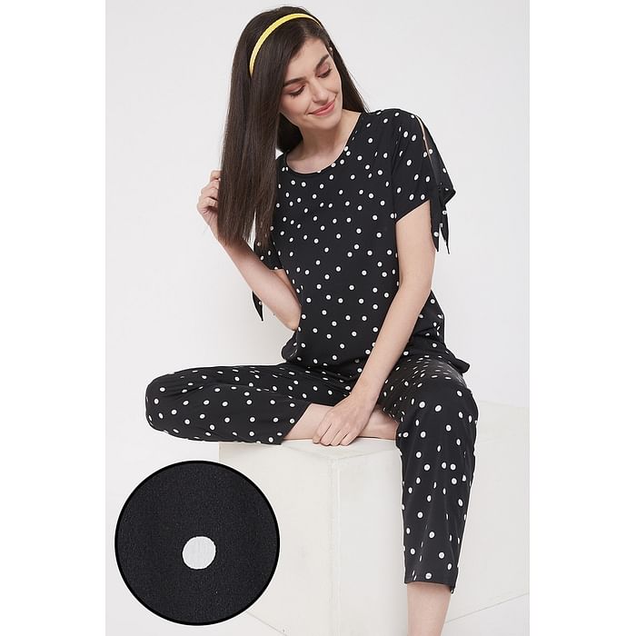 

Clovia Polka Print Top & Pyjama Set In Black - Crepe - LS0540P13