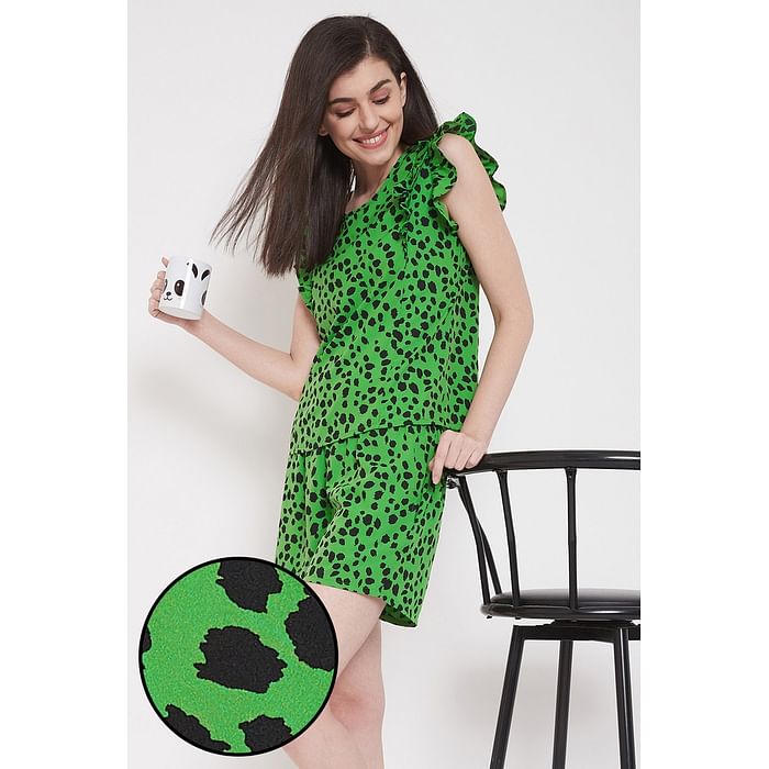 

Clovia Animal Print Top & Shorts Set in Green- Crepe - LS0541P17, Dark green
