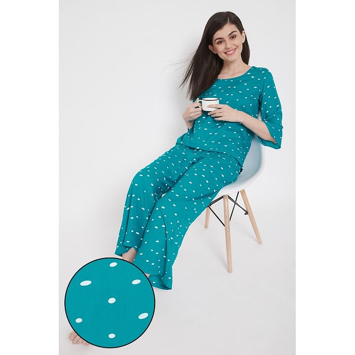 

Clovia Polka Print Top & Pyjama in Teal Blue- Rayon - LS0543P03, Light blue