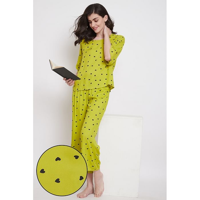 

Clovia Heart Print Top & Pyjama in Lime Green - Rayon - LS0543P11, Light green
