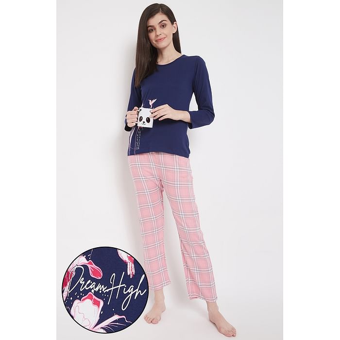 

Clovia Print Me Pretty Top & Checked Pyjama in Navy & Baby Pink - 100% Cotton - LS0544P08