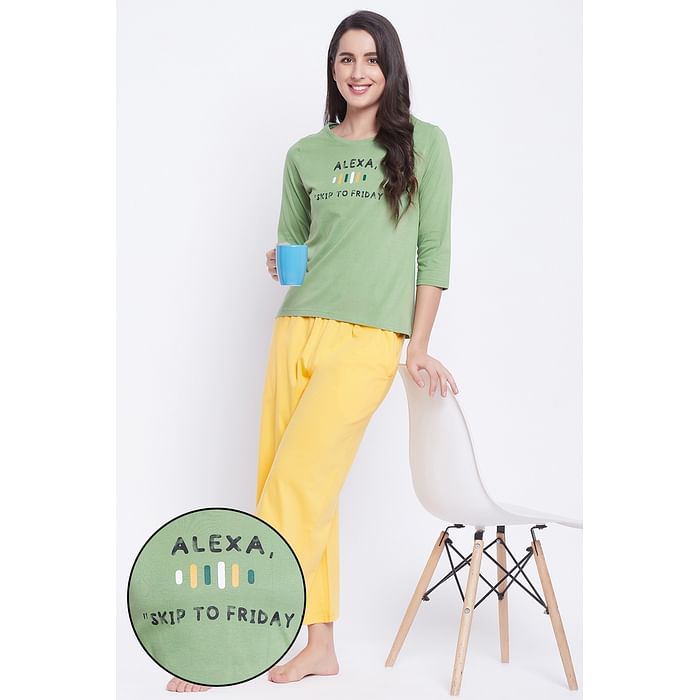 

Clovia Text & Graphic Print Top & Solid Flared Pyjama Set in Sage Green - 100% Cotton - LS0546P17, Dark green