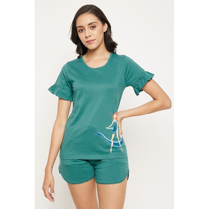 

Clovia Taurus Print Top & Shorts Set in Teal Green - 100% Cotton - LS0555D36