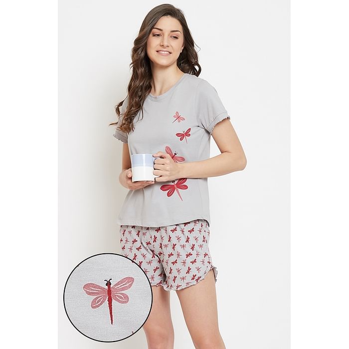 

Clovia Dragonfly Print Top & Shorts Set in Grey - 100% Cotton - LS0555P01, Light grey