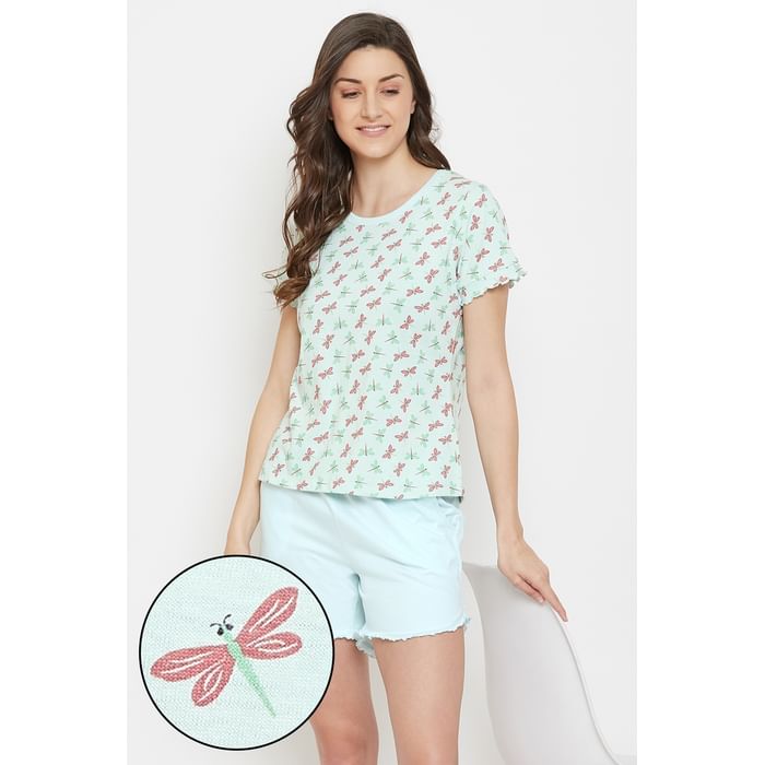 

Clovia Butterfly Print Top & Solid Shorts Set in Light Blue - 100% Cotton - LS0555P03