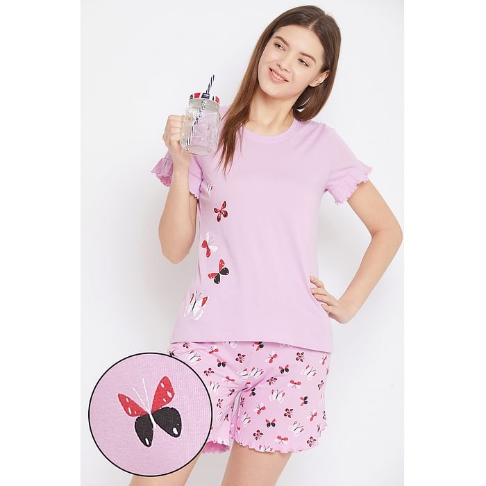 

Clovia Butterfly Print Top & Shorts Set in Lilac - 100% Cotton - LS0555P12, Lavender