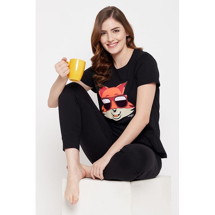 

Clovia Fox Emoji Print Top & Solid Jogger Set in Black - 100% Cotton - LS0557P13