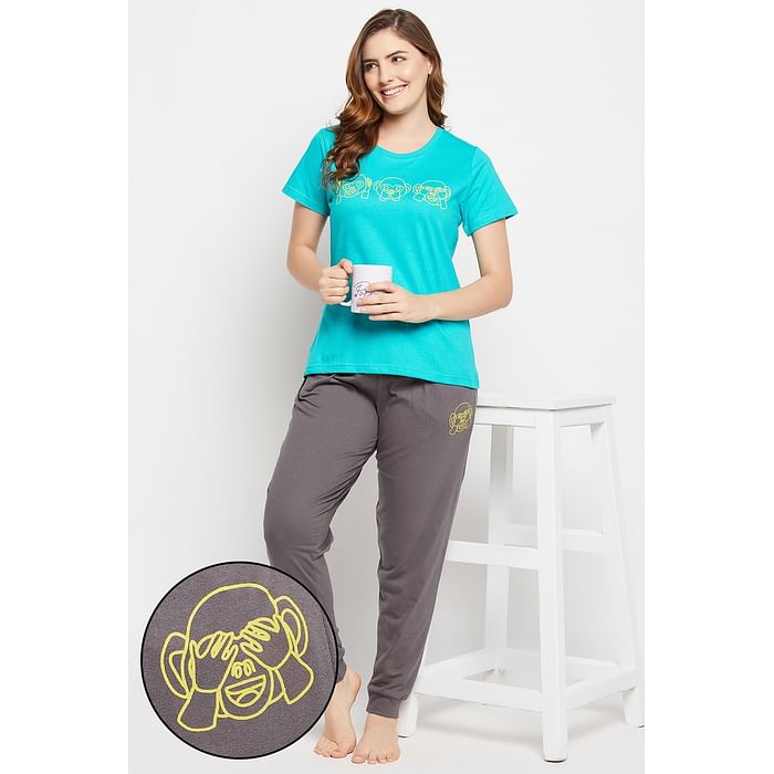 

Clovia Emoji Print Top & Joggers Set in Turquoise Blue & Grey - 100% Cotton - LS0557P17, Dark green