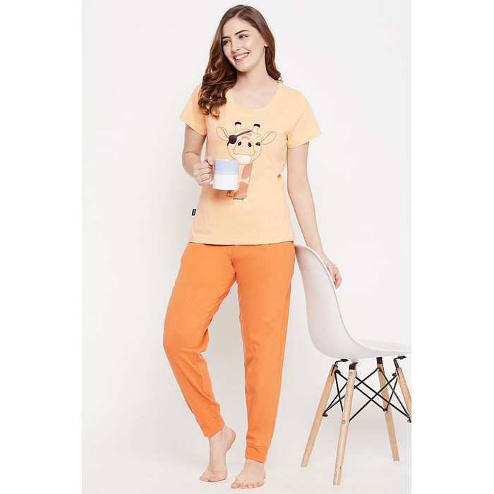 

Clovia Giraffe Emoji Print Top & Solid Jogger Set in Peach Colour - 100% Cotton - LS0557P34, Teal
