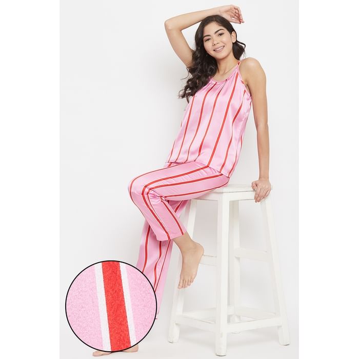 

Clovia Sassy Stripes Cami Top & Pyjama in Baby Pink - Satin - LS0560P22, Light pink