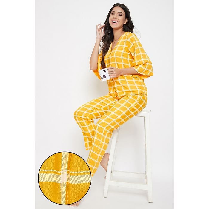 

Clovia Classic Checks Button Me Up Top & Pyjama in Mustard - Rayon - LS0561P07