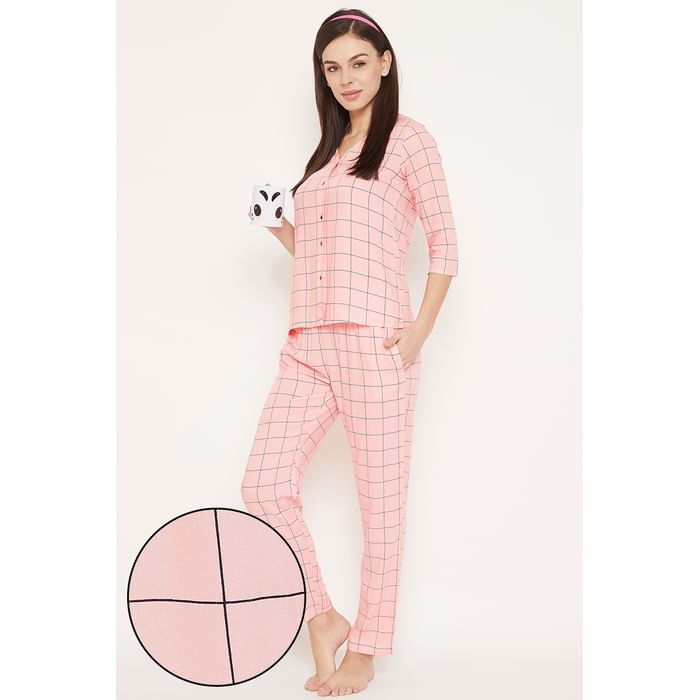 

Clovia Classic Checks Button Me Up Top & Pyjama in Baby Pink - Rayon - LS0561P22, Light pink