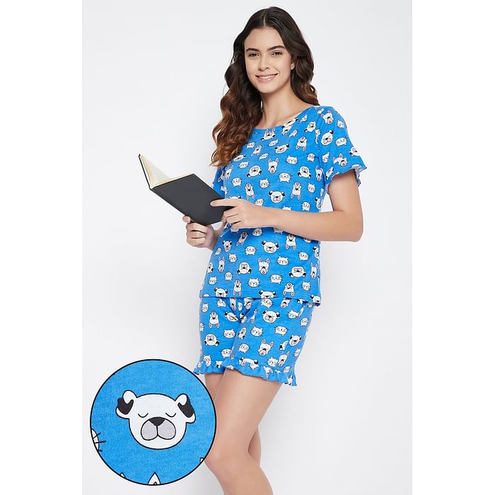 

Clovia Puppy Print Top & Shorts Set in Blue - 100% Cotton - LS0572P08, Navy