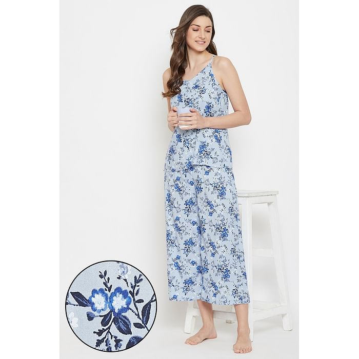 

Clovia Pretty Florals Cami Top & Culottes in Powder Blue - Rayon - LS0573A08, Navy