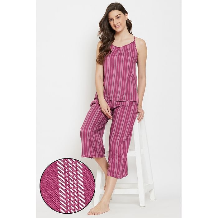 Clovia - Clovia Sassy stripes Cami Top & Culottes in Dark Pink – Rayon – LS0573P14