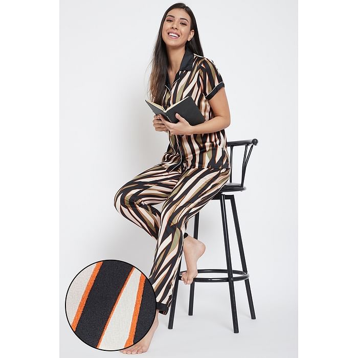 

Clovia Button Me Up Sassy Stripes Shirt & Pyjama Set in Black - Satin - LS0578P13