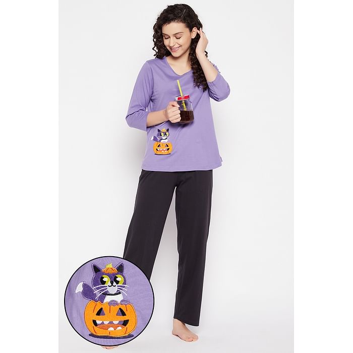 

Clovia Halloween Print Top & Solid Pyjama Set in Lavender - 100% Cotton - LS0581A12
