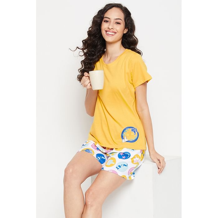 

Clovia Emoji Print Top in Yellow & Shorts in White - 100% Cotton - LS0583P02, Light yellow