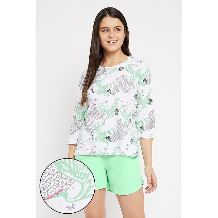 

Clovia Bird Print Top in White & Solid Shorts in Mint Green - Cotton - LS0584P11, Light green