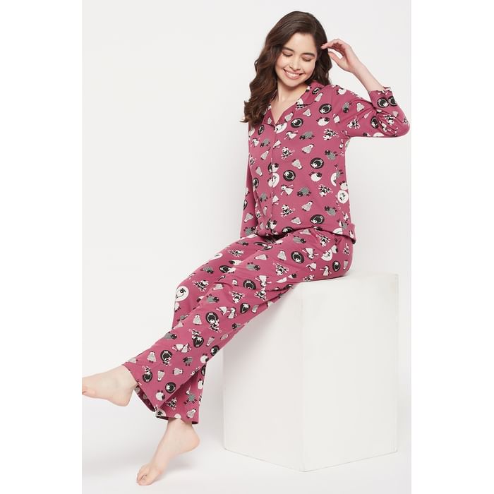 

Clovia Sheep Print Button Down Shirt & Pyjama Set in Mauve - 100% Cotton - LS0585D15, Purple