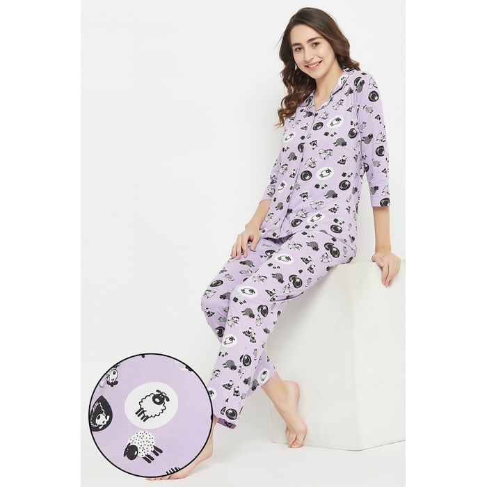 

Clovia Sheep Print Button Down Shirt & Pyjama Set in Lavender - 100% Cotton - LS0585E12