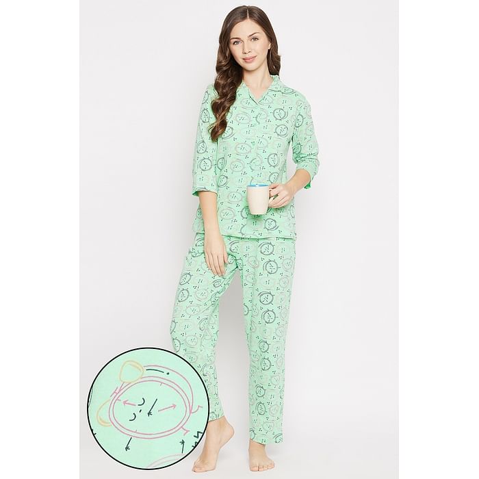 

Clovia Alarm Clock Print Button Down Shirt & Pyjama Set in Mint Green - Cotton - LS0585P11, Light green