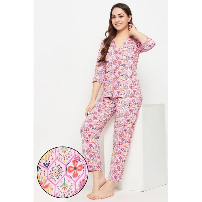 

Clovia Print Me Pretty Button Down Shirt & Pyjama Set in Lilac - 100% Cotton - LS0585P12, Lavender