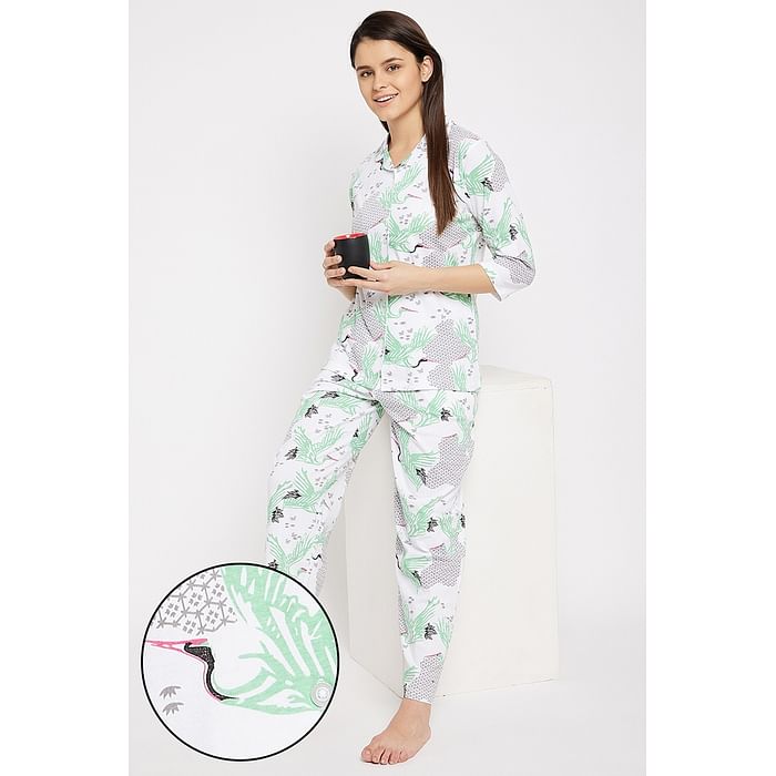 

Clovia Bird Print Button Down Shirt & Pyjama Set in White - 100% Cotton - LS0585P18