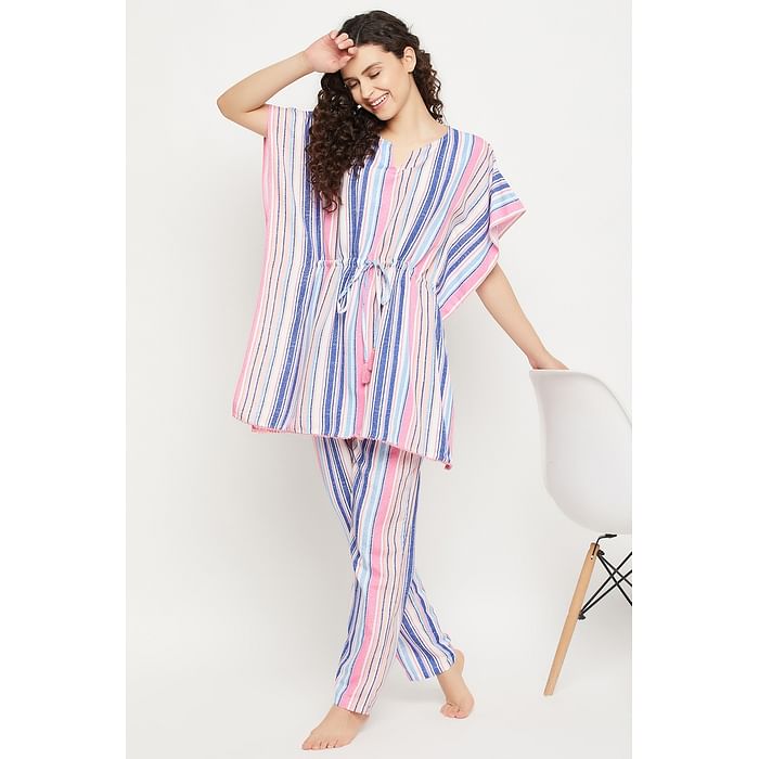 

Clovia Sassy Stripes Kaftan Top & Pyjama Set in Multicolour - Rayon - LS0592P19