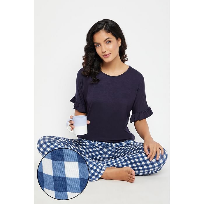 

Clovia Solid Top & Checkered Pyjama Set in Navy - Cotton - LS0597P08
