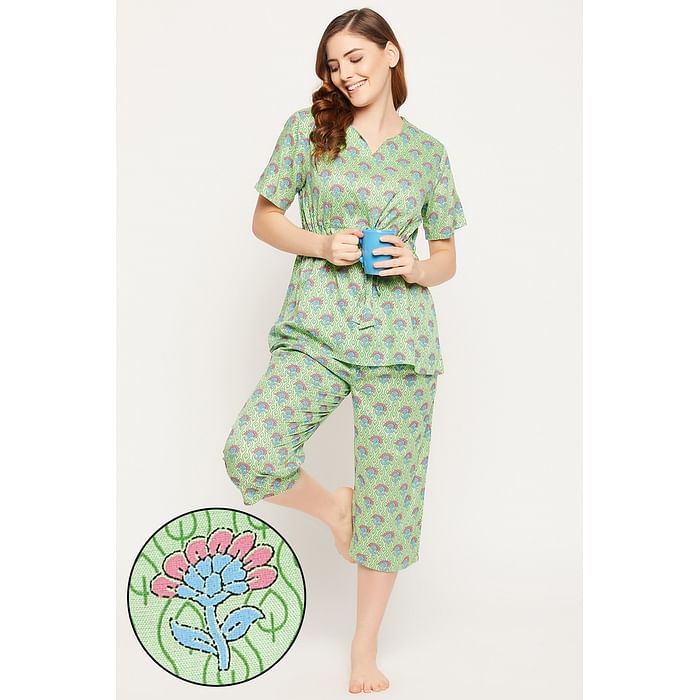 

Clovia Pretty Florals Peplum Top & Capri Set in Light Green - Rayon - LS0603P11