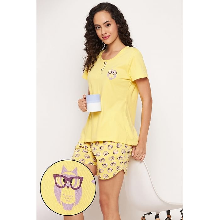 

Clovia Owl Print Top & Shorts Set in Yellow - 100% Cotton - LS0605P02, Light yellow