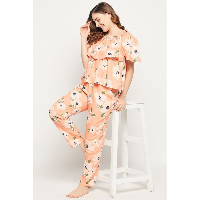 

Clovia Pretty Florals Cold Shoulder Top & Pyjama Set in Peach- Rayon - LS0623P34, Teal