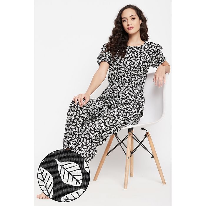

Clovia Leaf Print Top & Pyjama Set in Black - Rayon - LS0624P13
