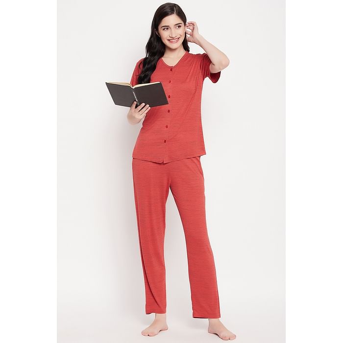

Clovia Striped Button Down Top & Pyjama Set in Red - Cotton - ls0625p04