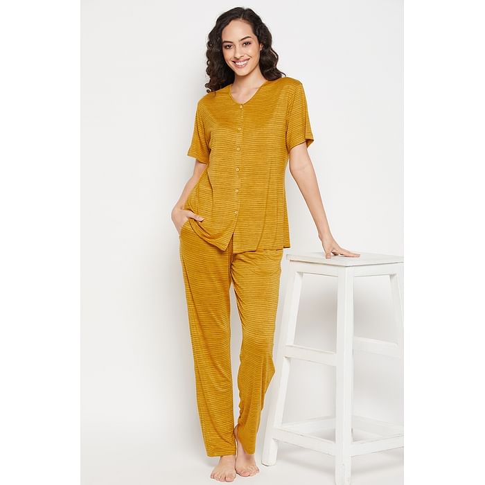 

Clovia Striped Button Down Top & Pyjama Set in Mustard Yellow - Cotton - LS0625P07