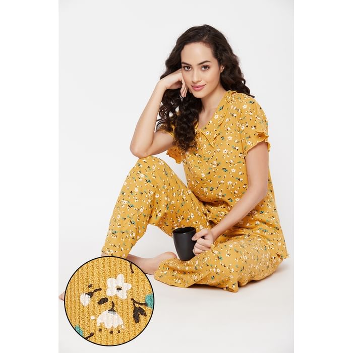 

Clovia Waffle Knit Floral Print Button Me Up Shirt & Pyjama Set in Yellow - 100% Cotton - LS0632P07, Mustard