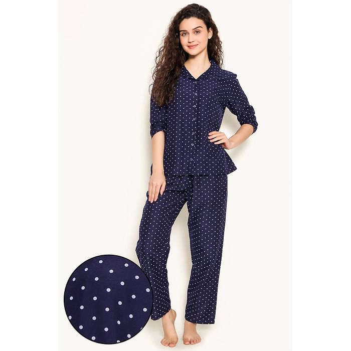 

Clovia Polka Dot Print Button Down Shirt & Pyjama Set in Navy - Rayon - LS0636A08