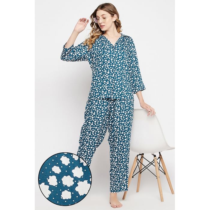 

Clovia Cloud Print Button Down Shirt & Pyjama Set in Navy - Rayon - LS0636E08