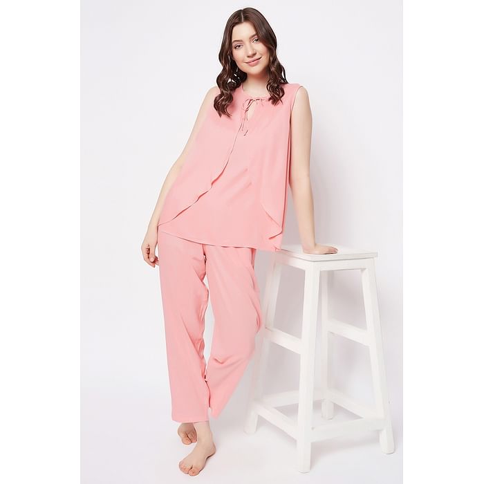 

Clovia Chic Basic Top & Pyjama Set in Baby Pink - Rayon - LS0639P22, Light pink